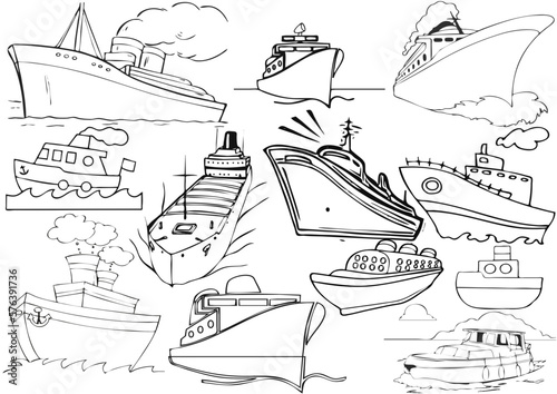 Ships and boats marine  with silhouette vector icons of a cruise liner yacht sailboat container ship tanker freighter anchor