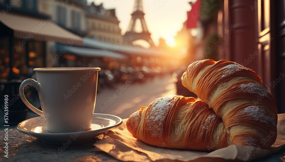 Delicious french croissants on romantic background of Eiffel tower, Paris. Based on Generative AI - obrazy, fototapety, plakaty 