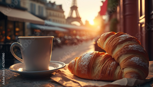 Fototapeta Naklejka Na Ścianę i Meble -  Delicious french croissants on romantic background of Eiffel tower, Paris. Based on Generative AI