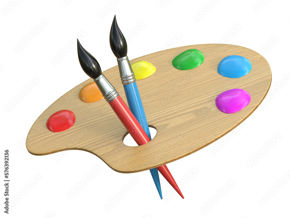 Wooden art palette with paints and brushes 3d rendering - obrazy, fototapety, plakaty 