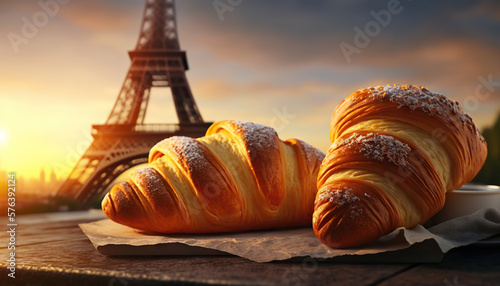 Fototapeta Naklejka Na Ścianę i Meble -  Delicious french croissants on romantic background of Eiffel tower, Paris. Based on Generative AI