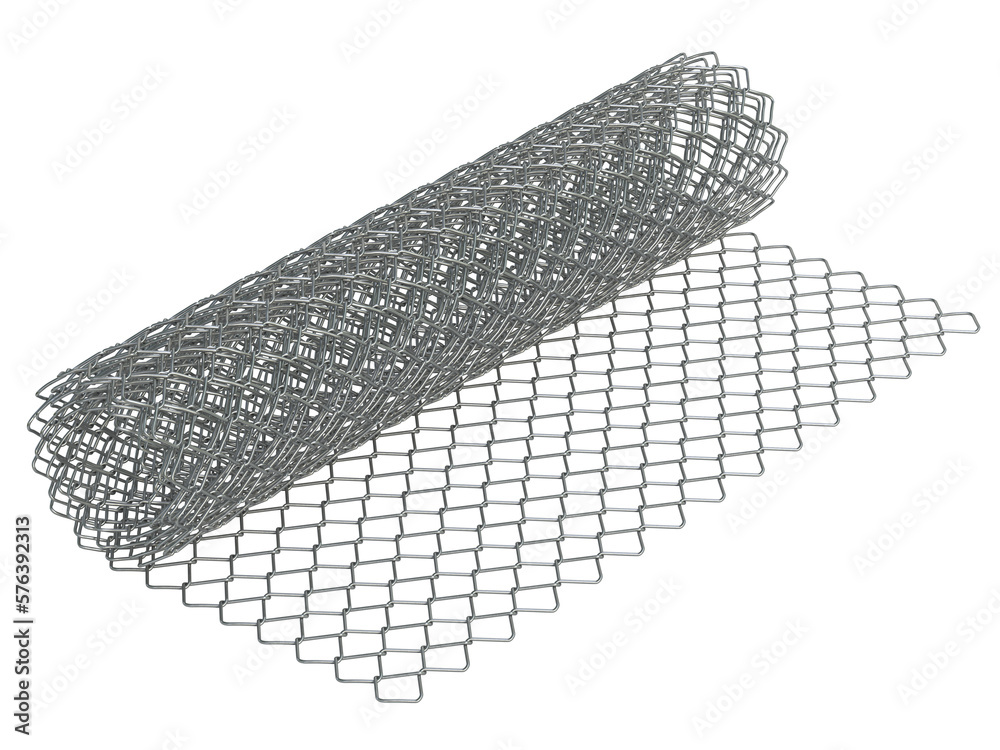 Coil of steel wire. Mesh netting roll. Chain link fence 3d rendering
