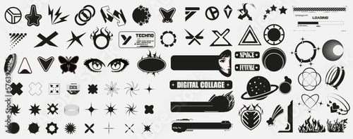 Vector graphic assets set. Sticker in Y2k style, retro futuristic graphic ornaments in isolated white background.  Psychodelik, vaporwave 80s, 90s elements rave trip elements. Vector illustration