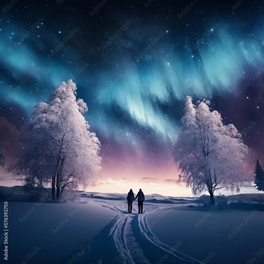 Landscape of a beautiful night in the snow and northern lights. Generative AI Landscape of a beautiful night in the snow and northern lights. Generative AI