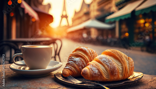 Fotografiet Delicious french croissants on romantic background of Eiffel tower, Paris
