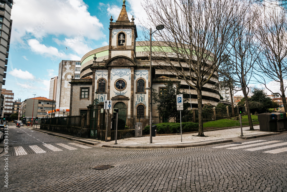Wide view of unknown church on a corner in the center of Porto, Portugal,