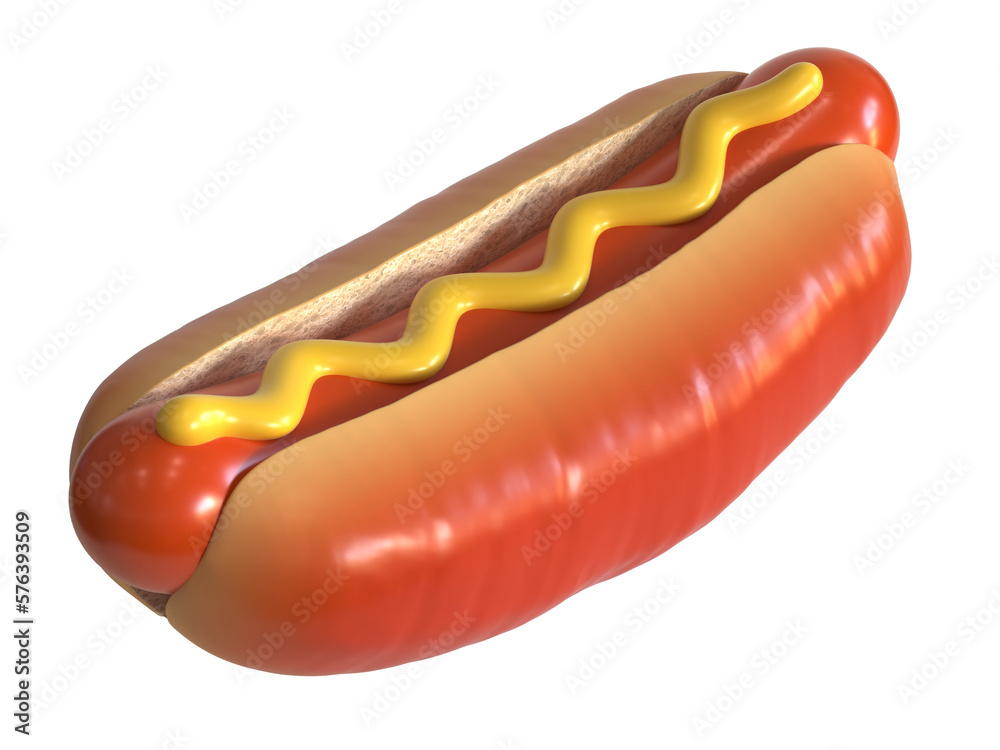 Hot dog with mustard isolated on white background 3d rendering Hot dog with mustard isolated on white background 3d rendering
