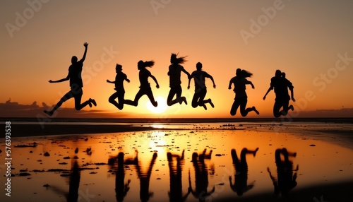 A group of young adults jumping into the ocean at sunset. The sky is a mix of warm oranges and pinks. AI generated
