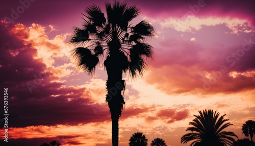 A vintage-looking palm tree with slender trunk and large leaves is silhouetted against a pastel-colored sunset sky. Tropical beach concept. AI generated