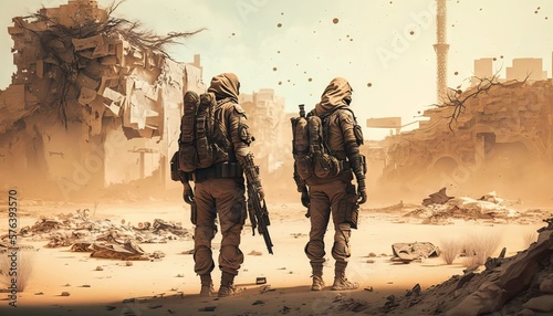 Two soldiers walking through the ruins of a military base. Conceptual image. Generative AI