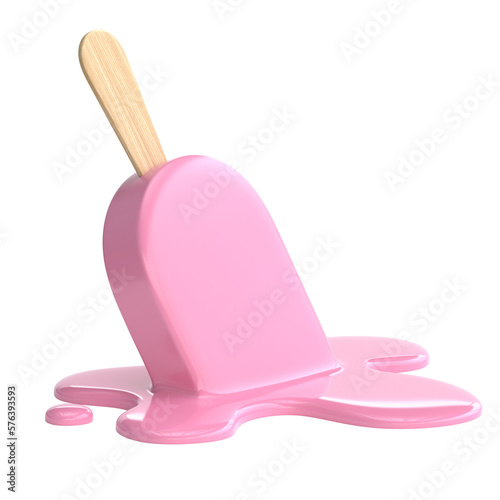 Pink ice cream on stick melting 3d rendering