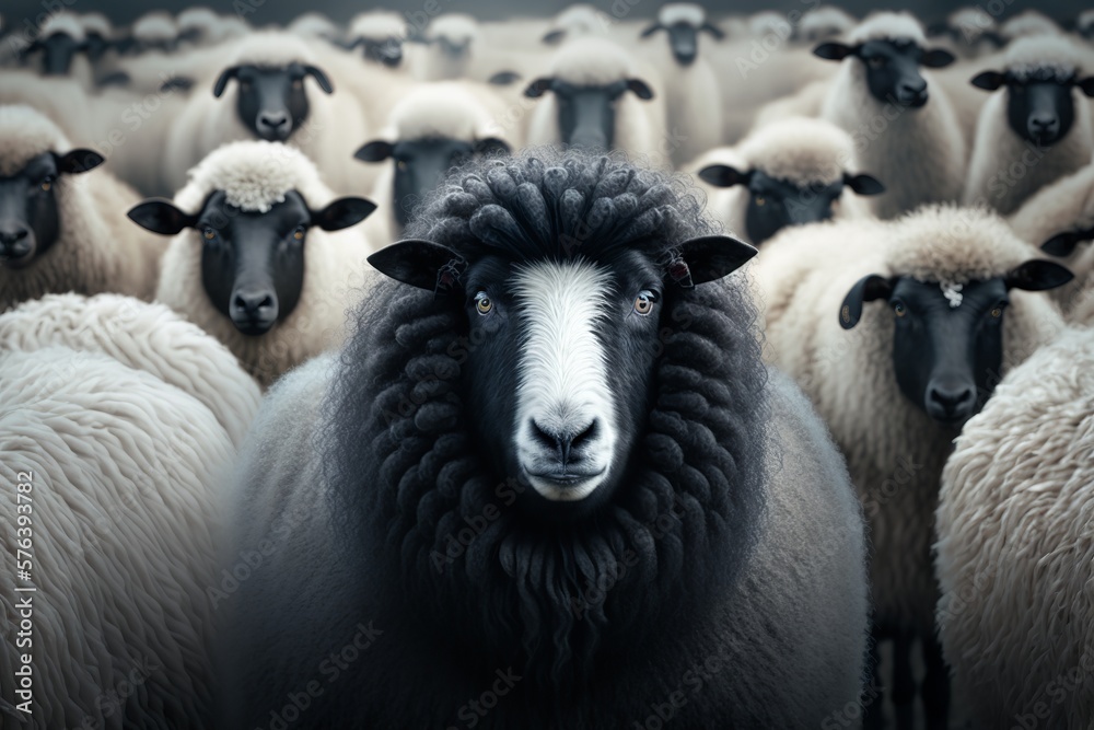 Obraz premium Black sheep in a flock of sheep. Generative AI