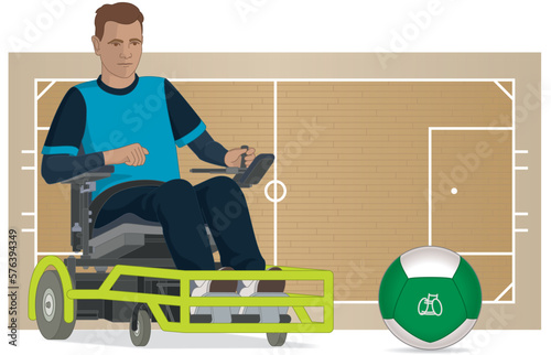 para sports paralympic powerchair football male player sitting in specialized powered wheelchair kicking ball including standard-sized court in background