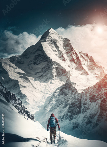 Hiker on the top of snowy mountain, mountaineer with backpack looking at mount peak, Generative AI