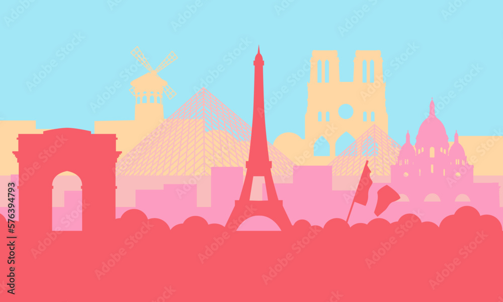Illustration of france paris city silhouette with various buildings, monuments, tourist attractions