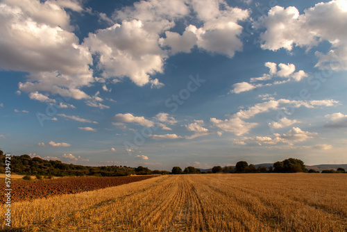 Stunning Summer Sunset Panorama of Harvested Cereal Fields and Clouds in Soria  Spain