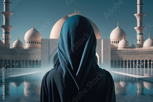 Fotografiet Woman in a burqa against the background of a mosque in Abu Dhabi