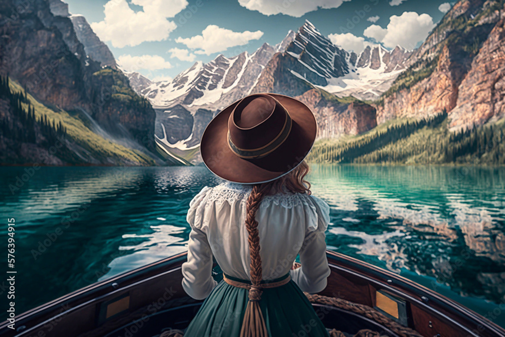 Woman in a boat on a mountain lake. Generative AI