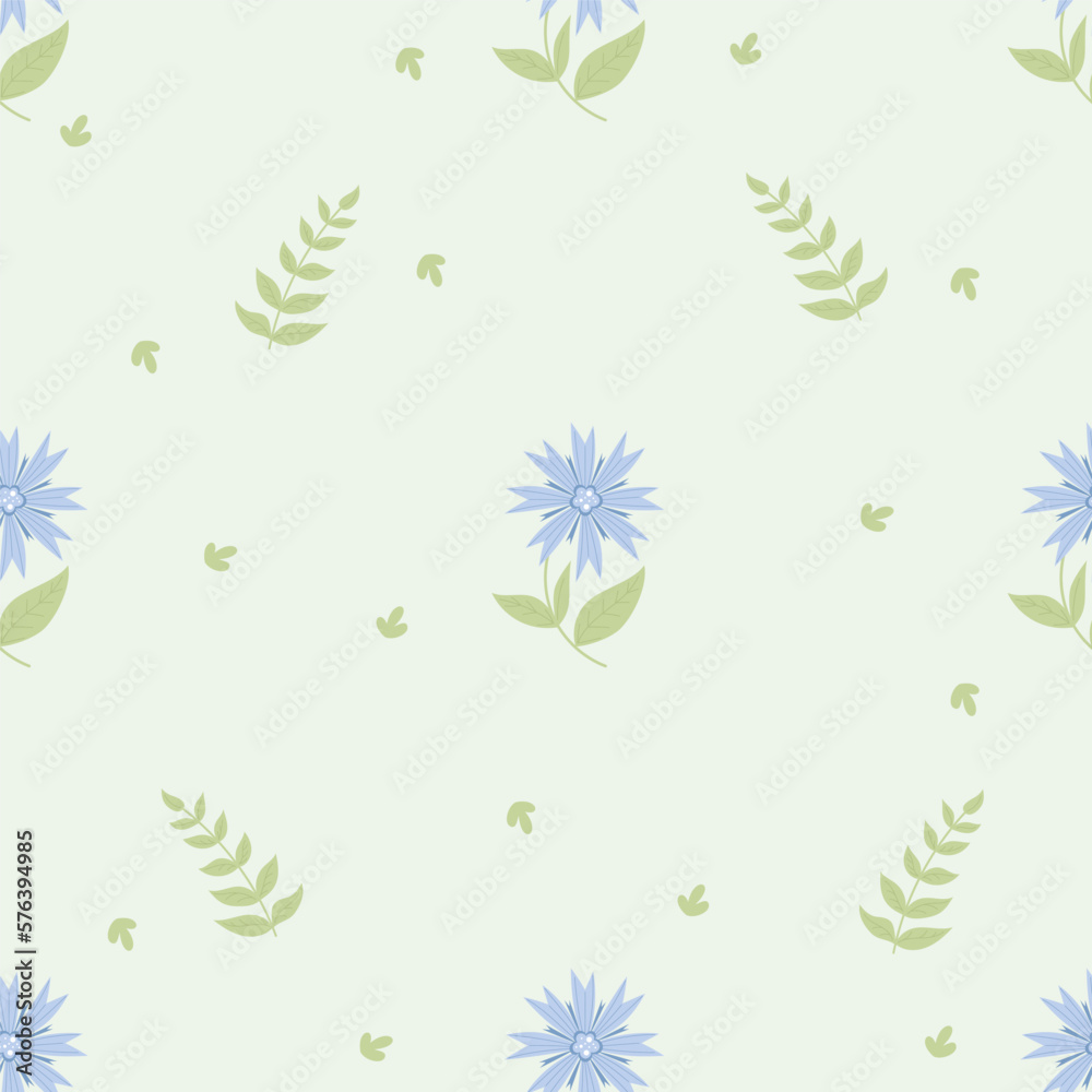 Fototapeta premium Floral seamless pattern with blue cornflower and leaves on light background. Vector illustration. Botanical pattern for decor, design, packaging, wallpaper, textile and print.