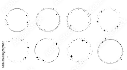 Circle star border frame set. Sparkle circle frame. Wreath round stardust border for party, birthday decor design. Laurel frame with cosmic glitter shine. Vector illustration.
