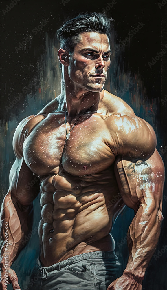 Acrylic painting of a shirtless man. Bodybuilder. Created with Generative AI