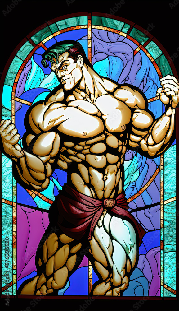 Bodybuilder on a stained glass window. Created with Generative AI