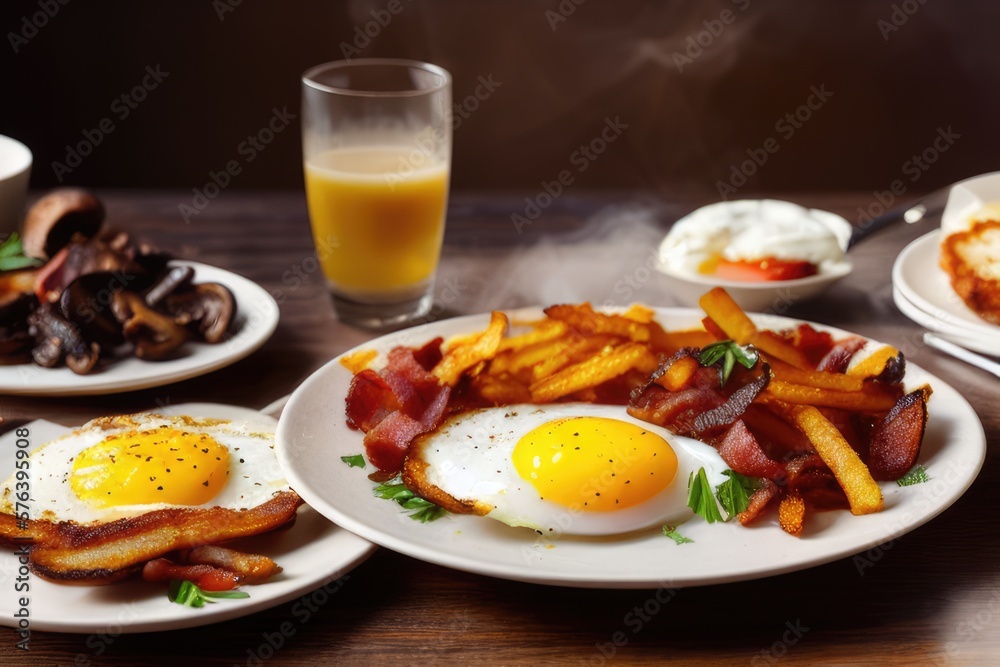 Hearty Breakfast Platter with Fried Eggs, Bacon, Hash Browns, Pudding