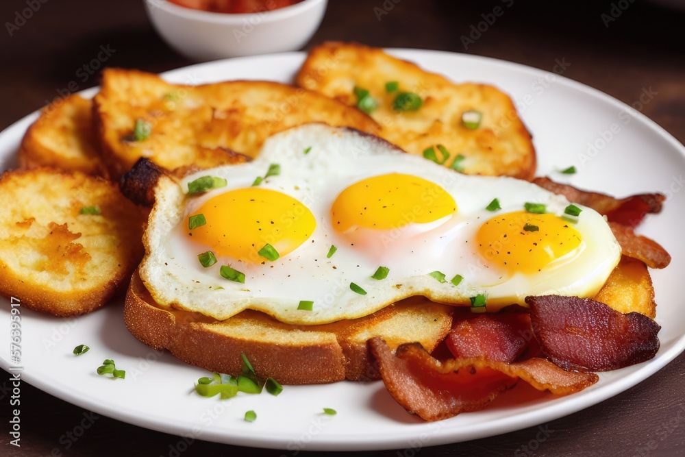 Hearty Breakfast Platter with Fried Eggs, Bacon, Hash Browns, Pudding, Mushrooms, and Toast - Delicious Comfort Food