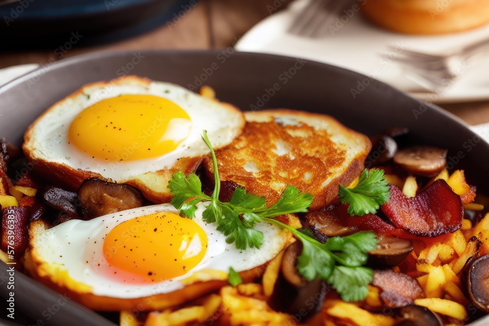 Hearty Breakfast Platter with Fried Eggs, Bacon, Hash Browns, Pudding, Mushrooms, and Toast - Delicious Comfort Food Hearty Breakfast Platter with Fried Eggs, Bacon, Hash Browns, Pudding, Mushrooms, and Toast - Delicious Comfort Food