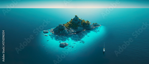 Aerial view.illustration of  tropical island and blue smooth sea ocean and sailboat for Summer holiday or vacation concepts.long banner size design.generative ai technology