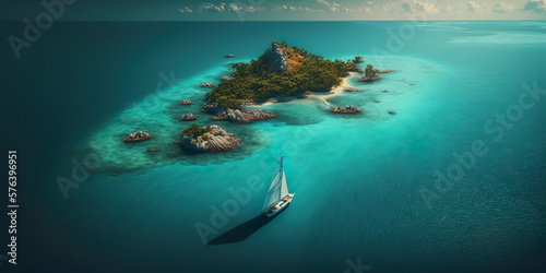 Aerial view.illustration of tropical island and blue smooth sea,ocean and sailboat for Summer holiday or vacation concepts.long banner size design.generative ai technology