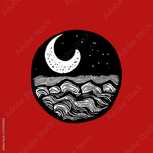 crescent moon over the sea. poetic abstract illustration. Art design for print, cover, wall art. Vector illustration.