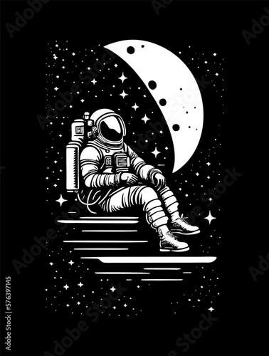 astronaut sitting alone, against the background of the night sky with stars and planets. Art design for print, cover, wall art. Vector illustration.
