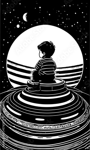 boy sitting alone against the background of the night sky, stars and moon. Art design for print, cover, wall art. Vector illustration.