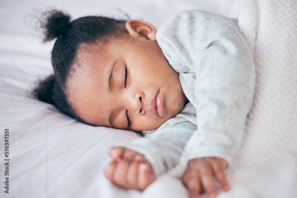 Black girl, baby and sleeping in bedroom, home and nursery room for peace, calm and dreaming at nap time. Tired young female kid asleep for resting, break and healthy childhood development in house Black girl, baby and sleeping in bedroom, home and nursery room for peace, calm and dreaming at nap time. Tired young female kid asleep for resting, break and healthy childhood development in house
