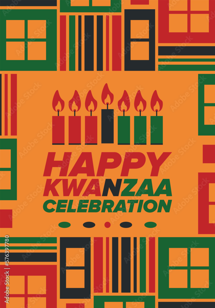 Kwanzaa Happy Celebration. African and African-American culture holiday. Seven days festival, celebrate annual from December 26 to January 1. Black history. Poster, card, banner and background. Vector