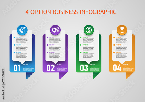 4 infographic options multi colored vertical squares circle and icon centered with gray gradient background design for business planning,finance,investment,success