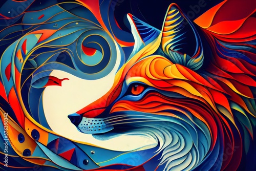 Fox, blue and red, colorful, full of details, geometric and abstract. © andrenascimento