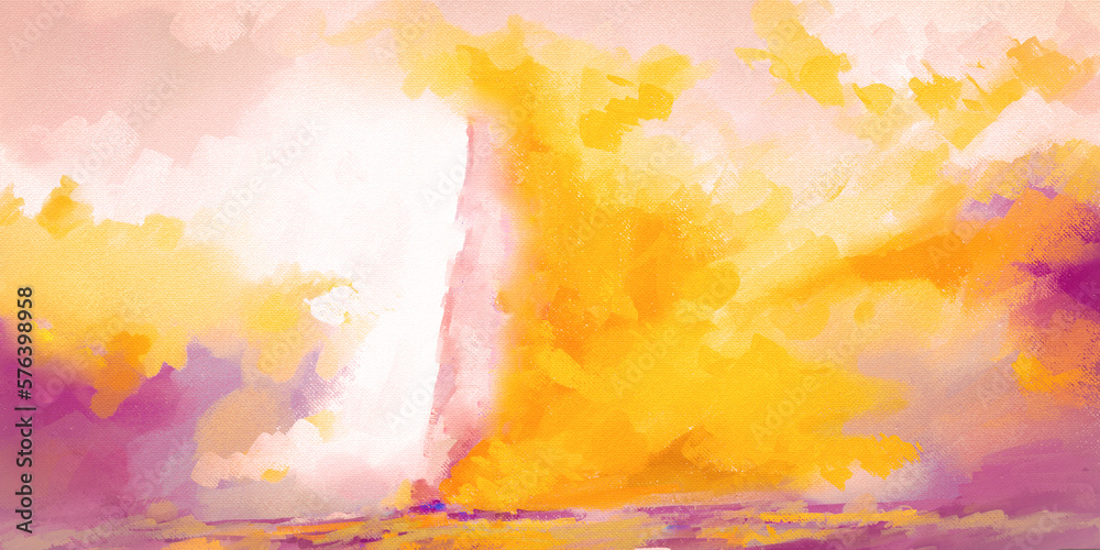 Impressionistic, Vibrant Sailboat at Sunset on a Journey to Shore - Yellow & Purple - Digital Design, Art, Artwork, Illustration - Background, Border, Backdrop, or Wallpaper