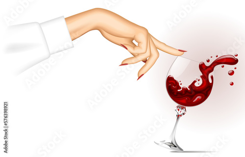 A woman's hand holds a transparent glass with splashing red wine with her index finger on white background