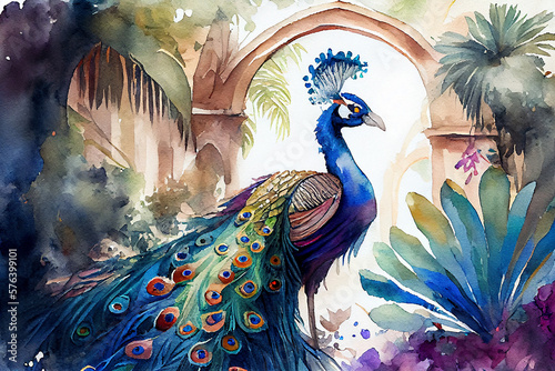 Colorful peacock in a fantasy tropical garden, watercolor painting style, generative ai illustration photo