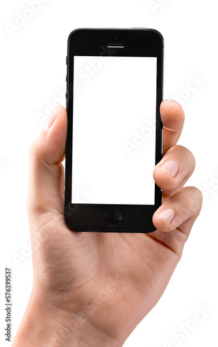 Human hand shows mobile smartphone with blank screen