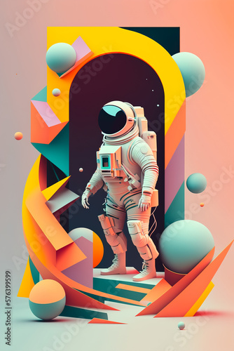 Illustration with an astronaut in a suit on a background of colorful 3D graphics. Generative ai