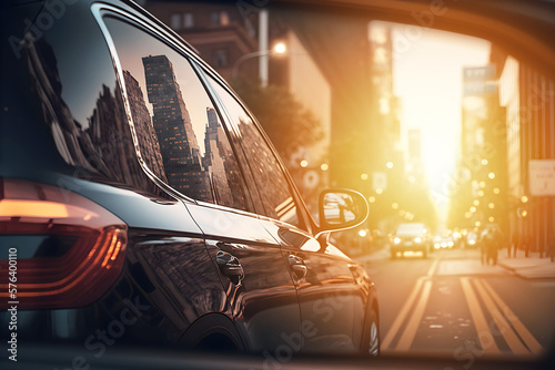 Car rear mirror with view of a modern big city and cars in the sunset, generative ai illustration © Cla78
