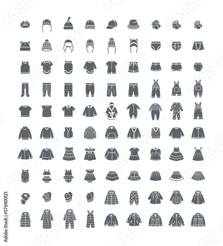 Baby clothes silhouette icons. Simple solid pictograms for kids clothing shop. Children textile wardrobe garments. Basic outfit for toddler, little boy or girl. Shirts, pants, jackets, dresses, coats