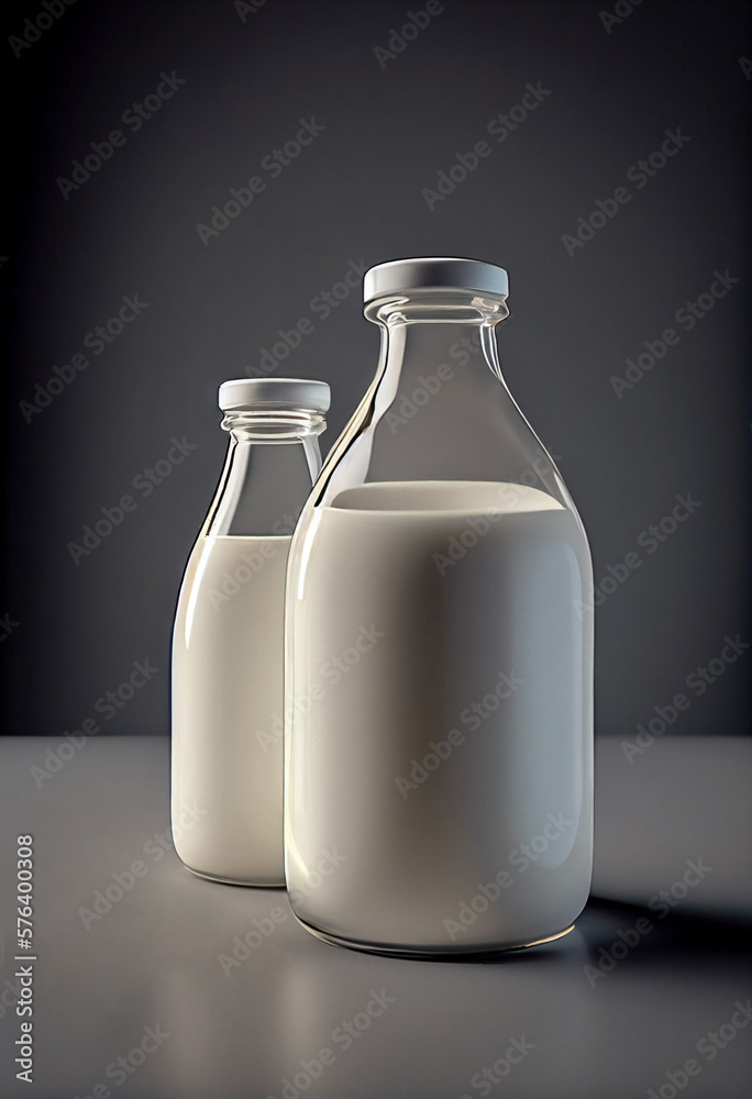 Fresh milk in a glass bottle and empty isolated on dark background, AI Generated Fresh milk in a glass bottle and empty isolated on dark background, AI Generated