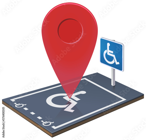 3D disabled parking space with its signage on the ground and its information panel with the symbol of the wheelchair on which a red geolocation marker is placed (cut out)