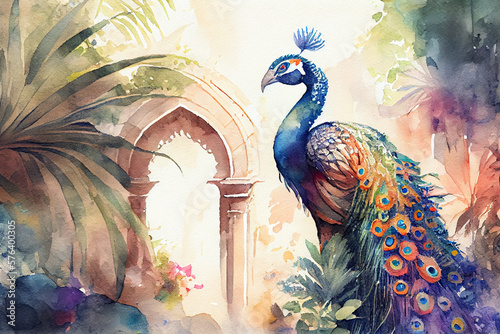Luxury peacock in a tropical garden, watercolor painting style, generative ai illustration