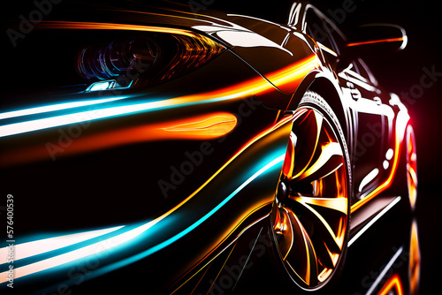 Close up view of a generic and unbranded sport car illuminated by colorful lights, generative ai illustration photo