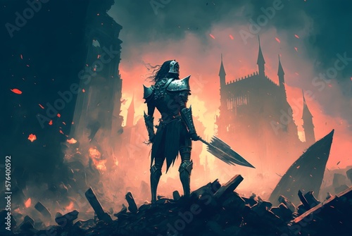 knight with twin swords standing on the rubble of a burnt city, digital art style, illustration painting, Generative AI